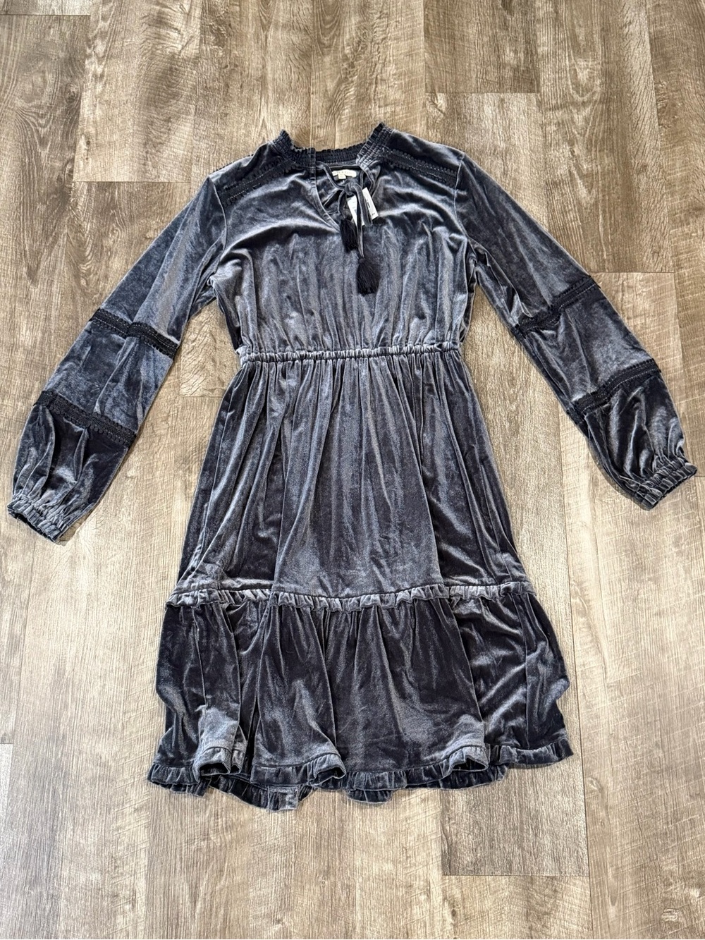 Kate and Sam velvet gray boho prairie mini dress tiered ruffle stretch womens me